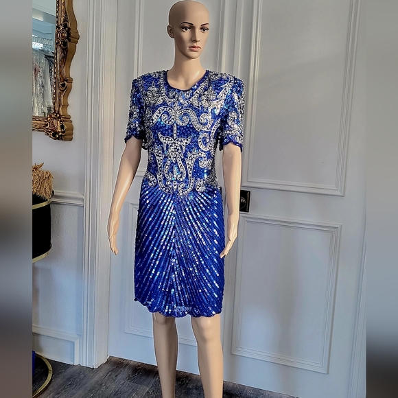 Brilliante By JA Blue & Silver Beaded Sequin Cocktail Dress - Size S - Picture 8 of 8